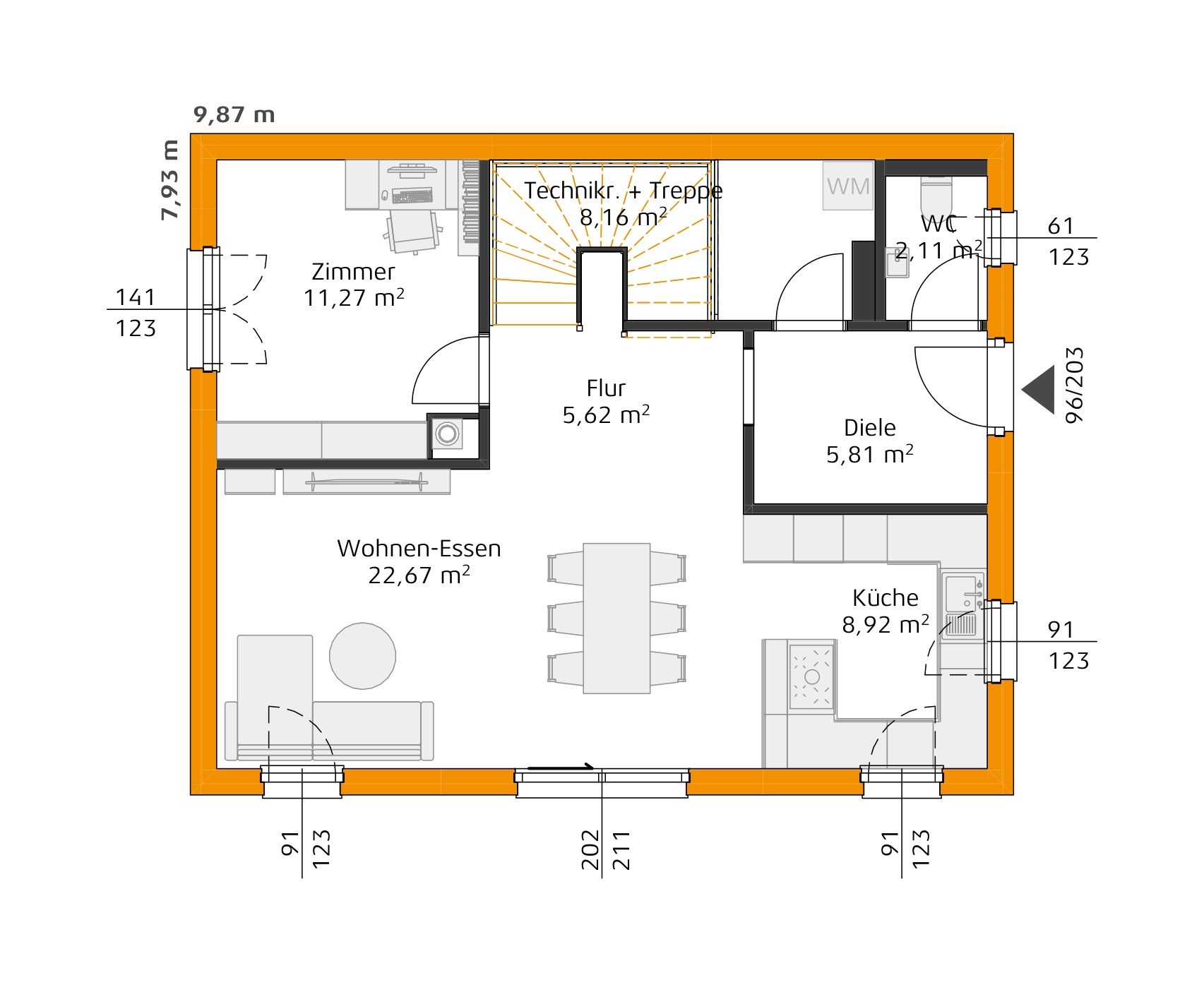 Grundriss des Erdgeschosses mit Diele, Küche, offenem Wohn- und Essbereich, Technikraum mit Treppe, kleinem WC und zusätzlichem Zimmer.