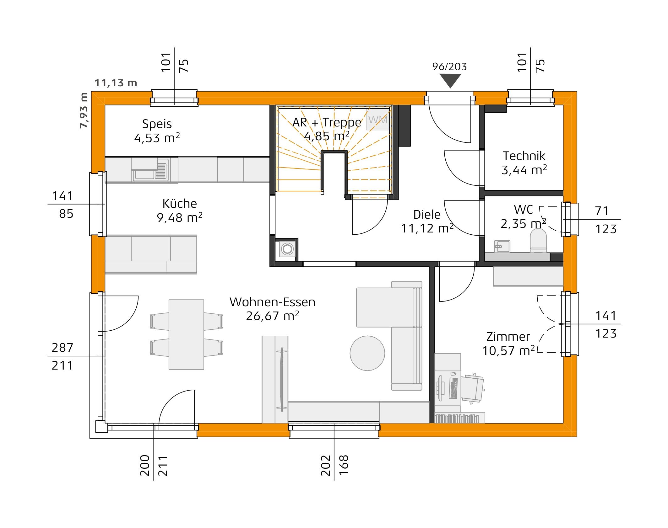 Grundriss des Erdgeschosses mit Diele, Küche und Speisekammer, Wohn- und Essbereich, Technikraum, WC und zusätzlichem Zimmer.