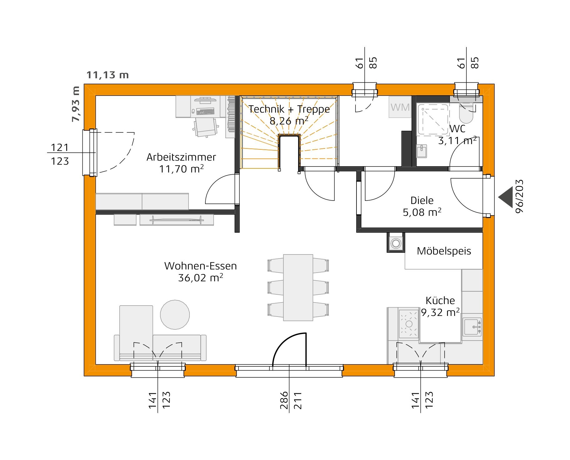 Grundriss des Erdgeschosses mit großem Wohn- und Essbereich, Küche mit Speisekammer, Diele, WC, Technikraum und Arbeitszimmer.