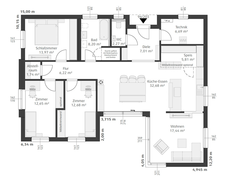 Grundriss des Elegance 128 W mit Schlafzimmer, zwei Kinderzimmern, Bad, WC, Technikraum, Küche mit Essbereich, Wohnzimmer, Speisekammer und Abstellraum.