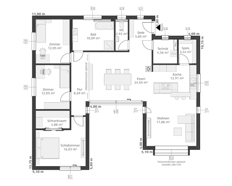 Grundriss Erdgeschoss mit Wohnen, Essen, Küche, Speis, Technik, Bad, WC, zwei Zimmern, Schlafzimmer und Schrankraum