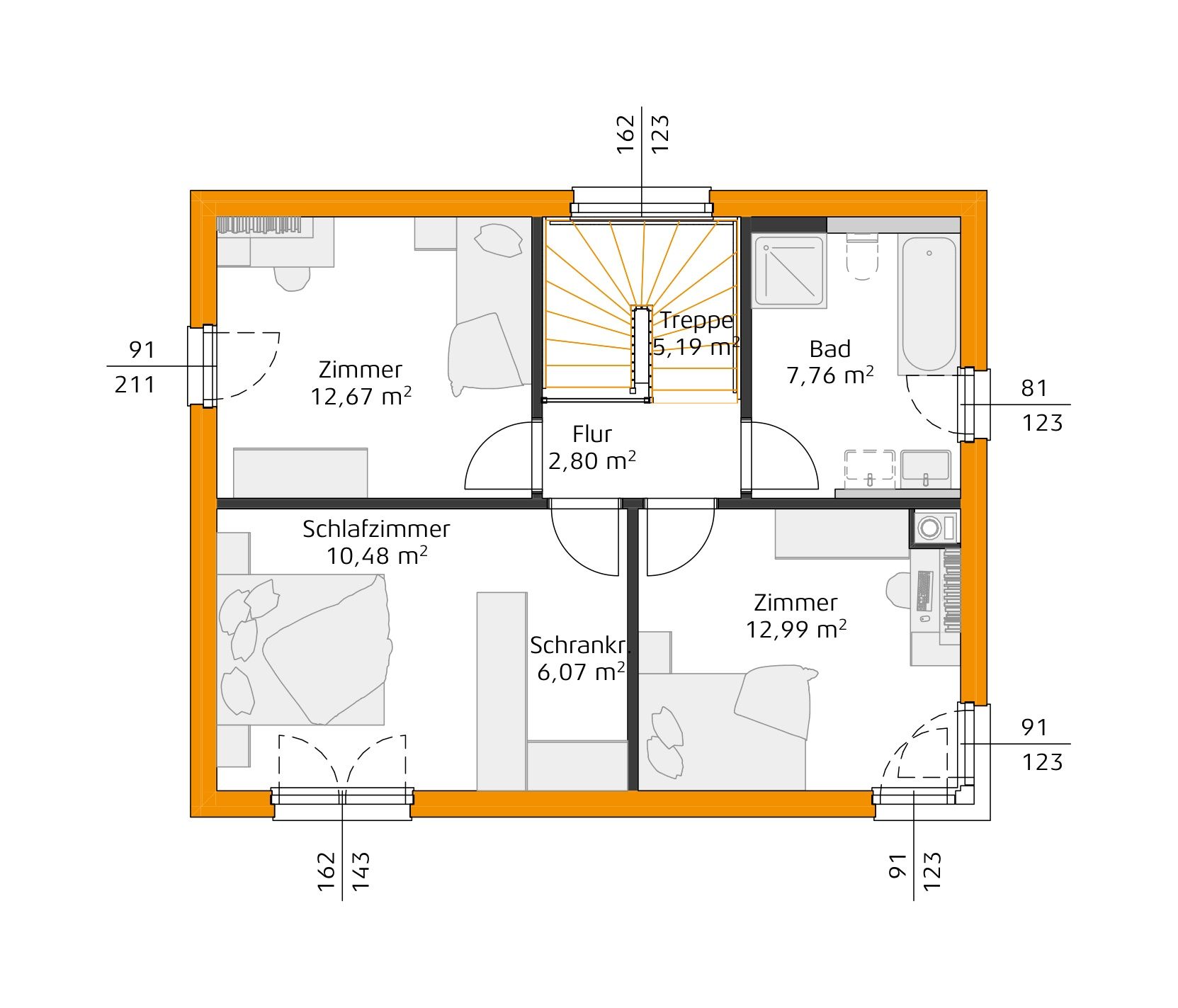 Grundriss des Obergeschosses mit Treppe, Flur, Bad, Schlafzimmer mit Ankleide und zwei weiteren Zimmern.