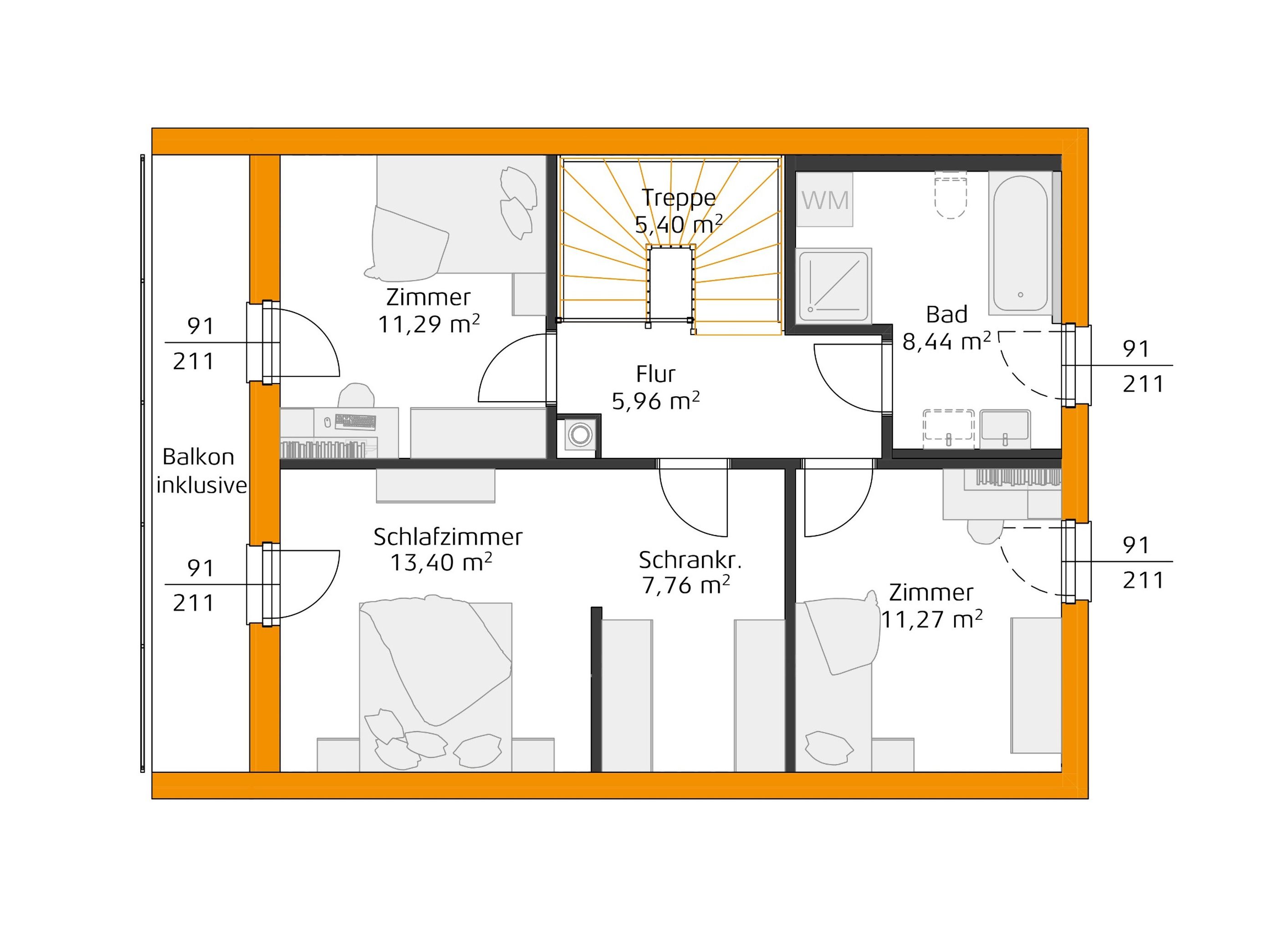 Grundriss des Obergeschosses mit zentraler Treppe, Flur, Bad, Schlafzimmer mit Ankleide und zwei weiteren Zimmern, eines mit Balkonzugang.