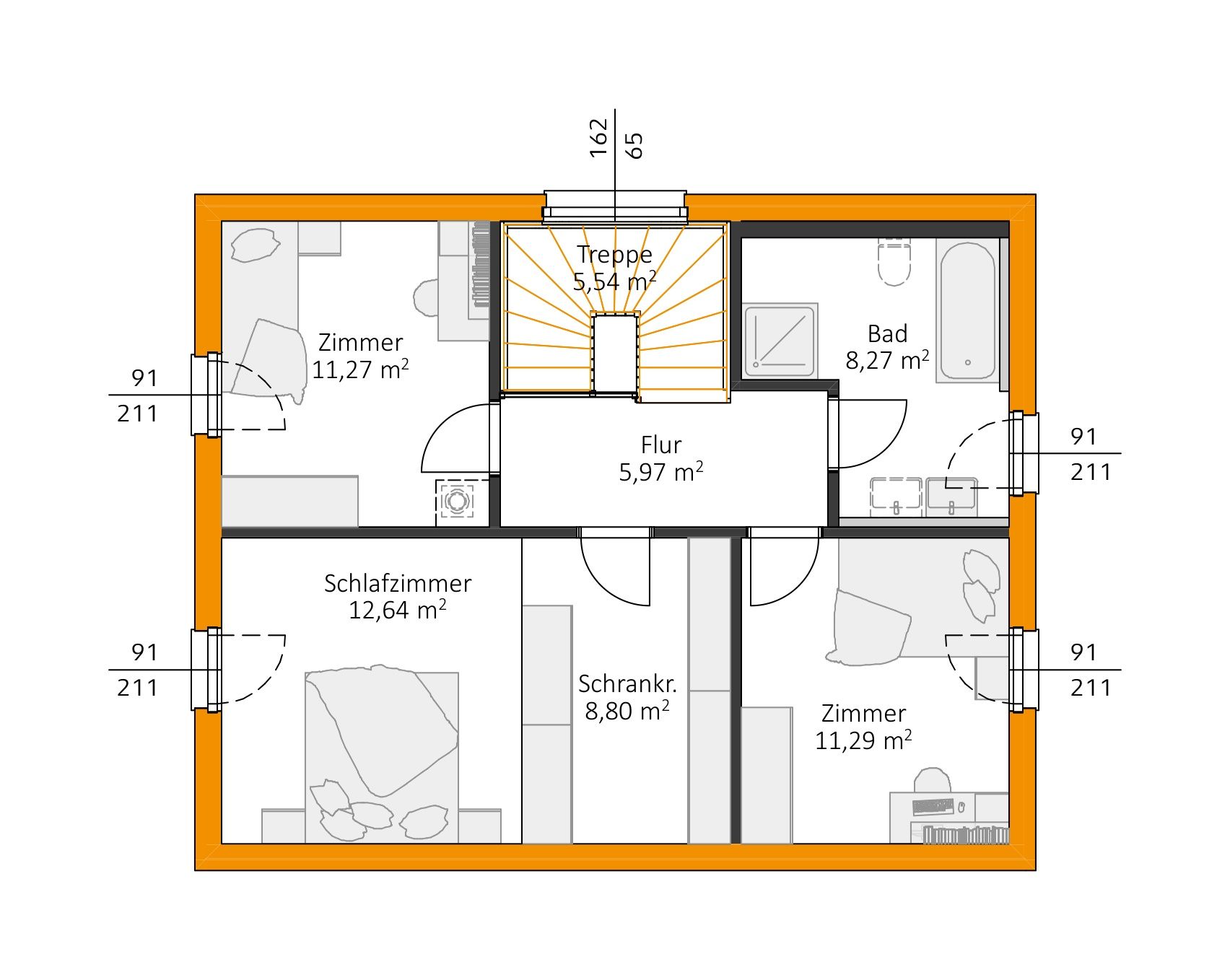 Grundriss des Obergeschosses mit zentraler Treppe, Flur, Bad, Schlafzimmer mit Ankleide und zwei gleich großen Zimmern.