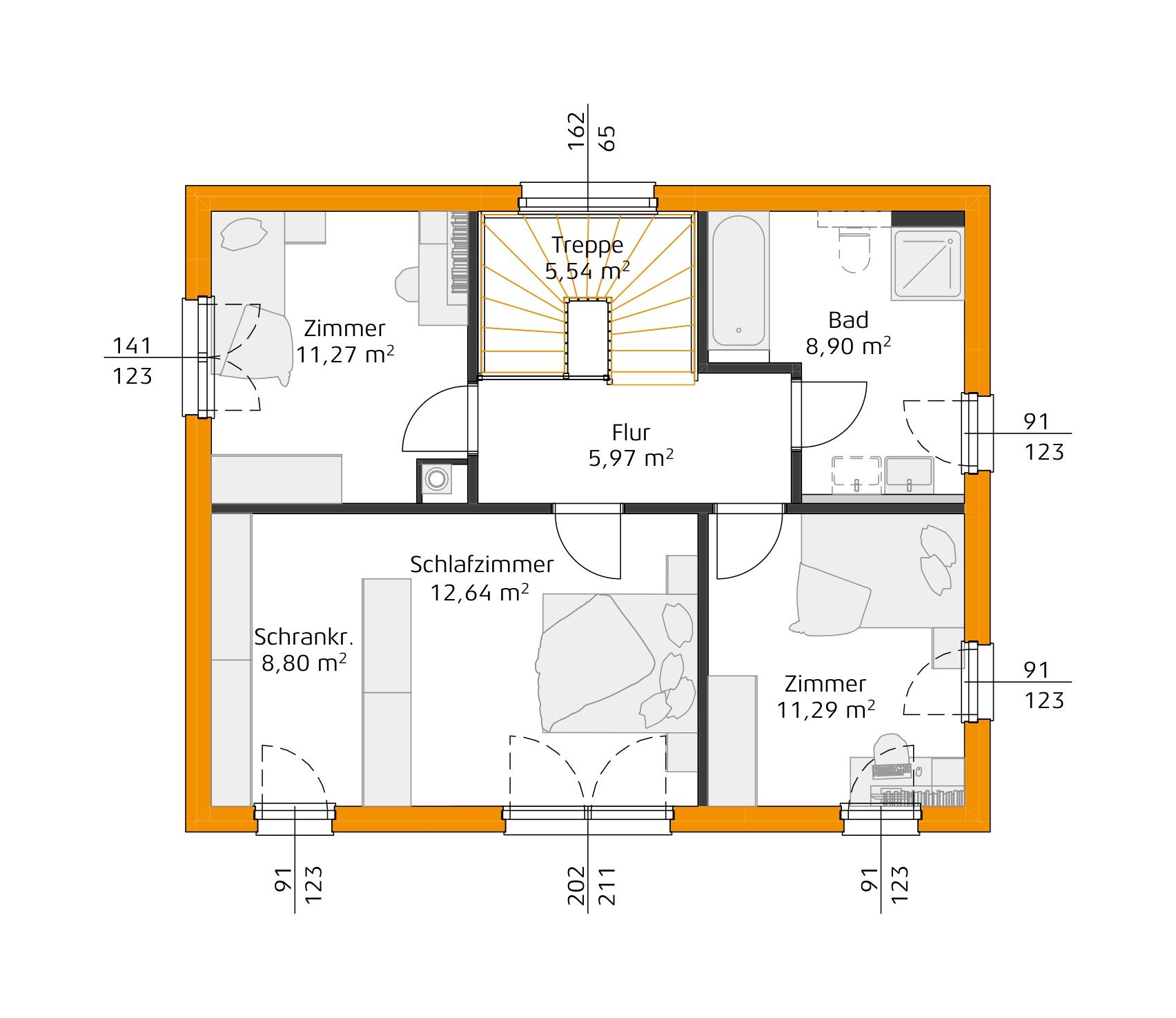Grundriss des Obergeschosses mit Treppe, Flur, Bad, Schlafzimmer mit Ankleide und zwei gleich großen Zimmern.