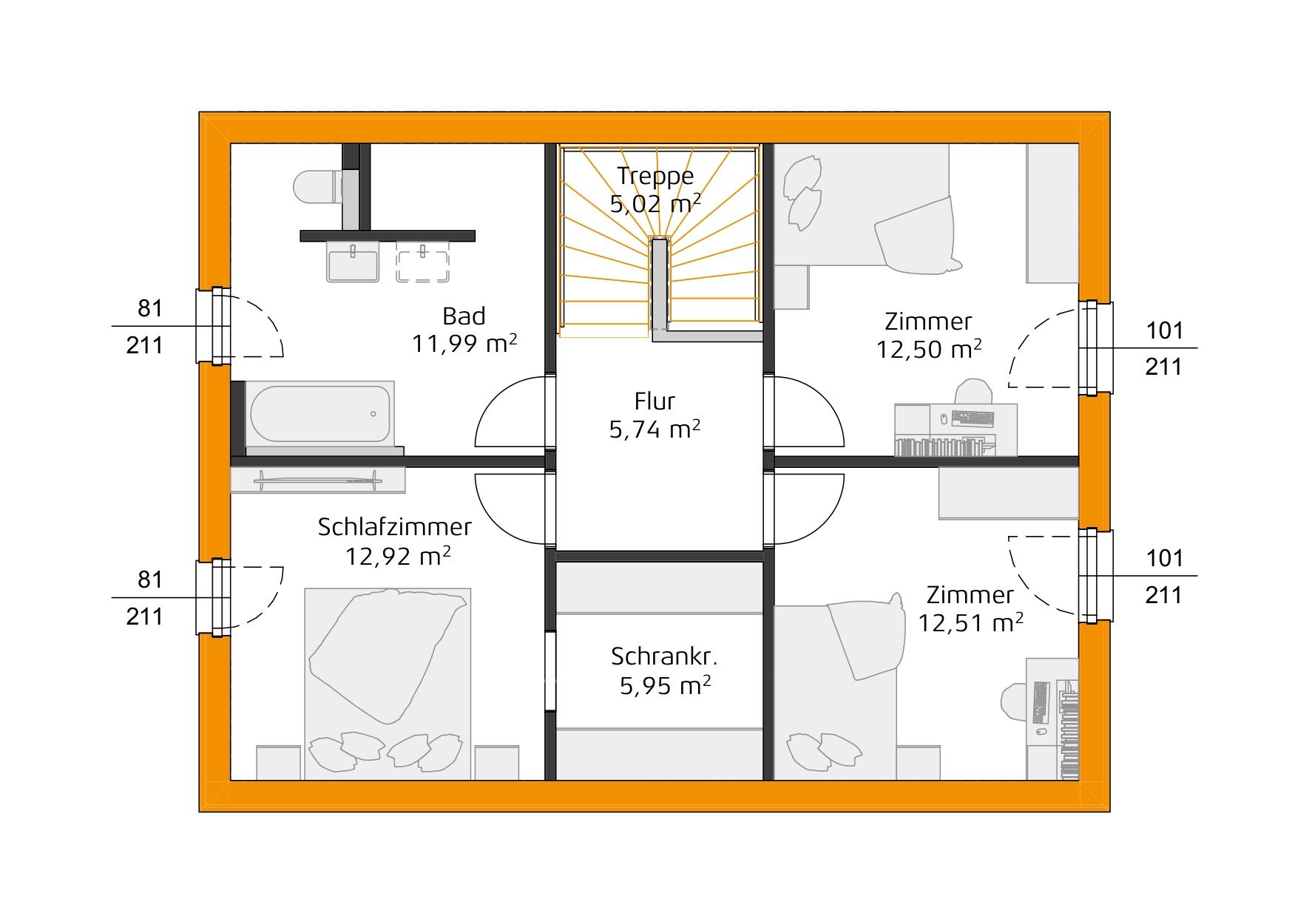 Grundriss des Obergeschosses mit zentraler Treppe, Flur, Bad, Schlafzimmer mit Ankleide und zwei Kinderzimmern.