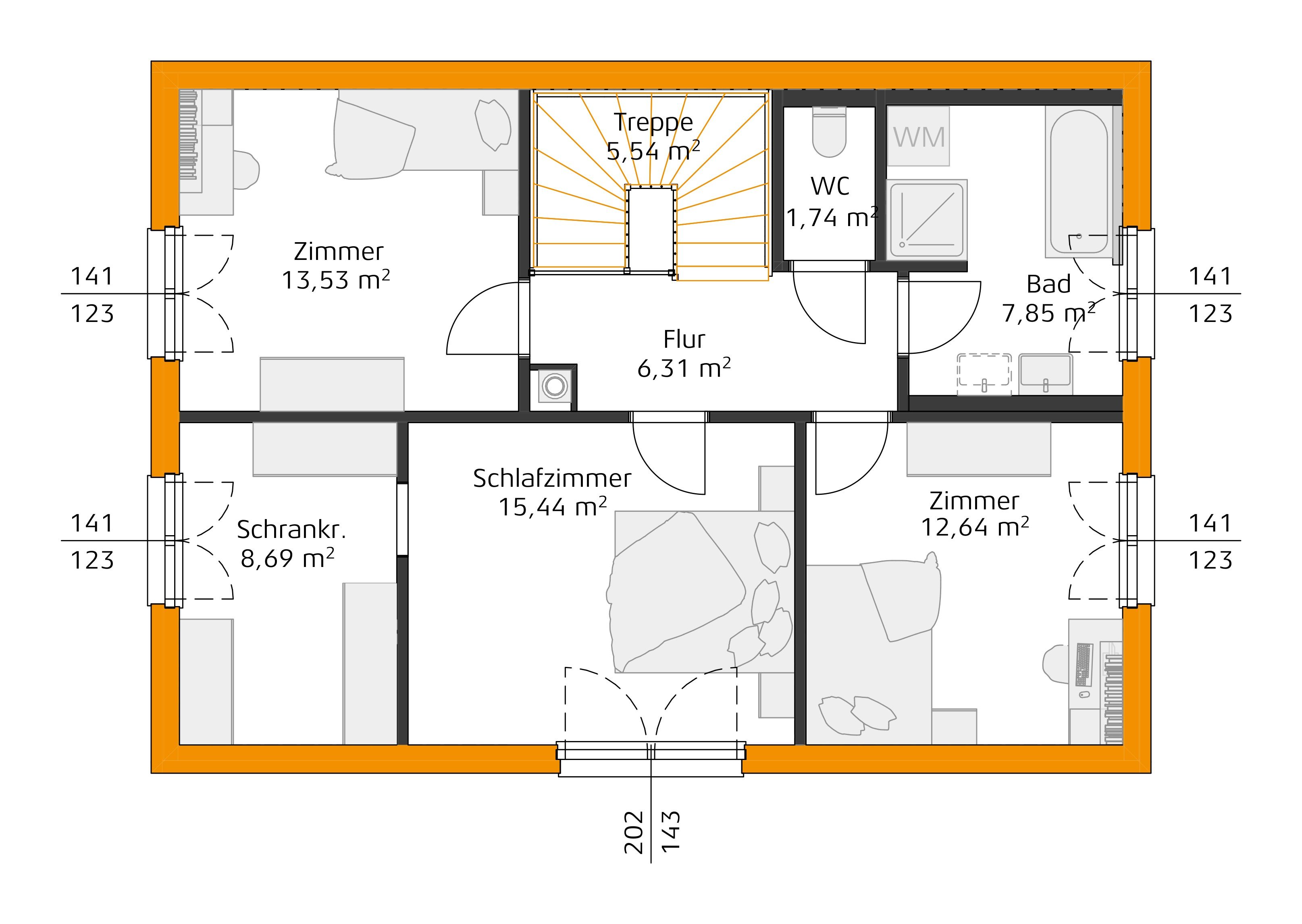 Grundriss des Obergeschosses mit Treppe, Flur, Schlafzimmer mit Ankleide, zwei Zimmern, Bad und separatem WC.