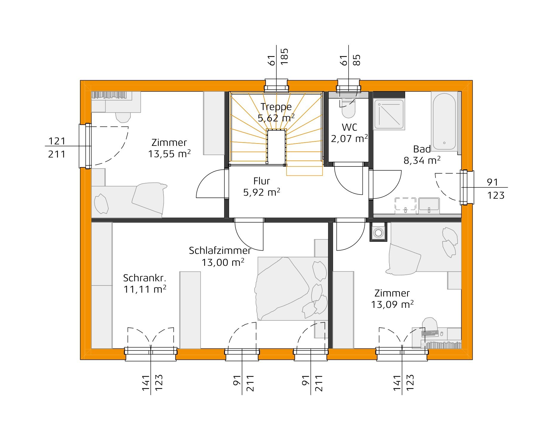 Grundriss des Obergeschosses mit zentraler Treppe, Flur, Bad, WC, Schlafzimmer mit Ankleide und zwei weiteren Zimmern.