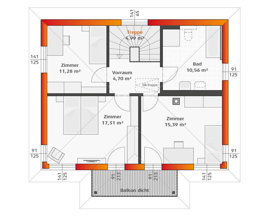 Grundriss Obergeschoss Hartl Haus Trend 129 W mit Balkon