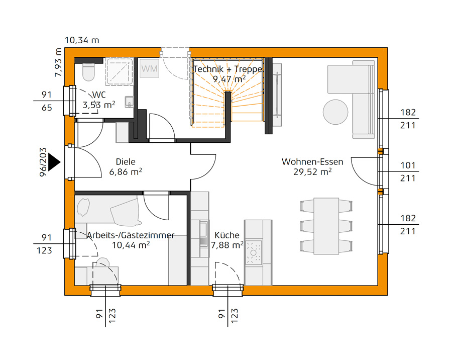 Grundriss des Erdgeschosses mit Wohnzimmer-Essbereich, Küche, Arbeits- oder Gästezimmer, Diele, Technikraum mit Treppe und WC.