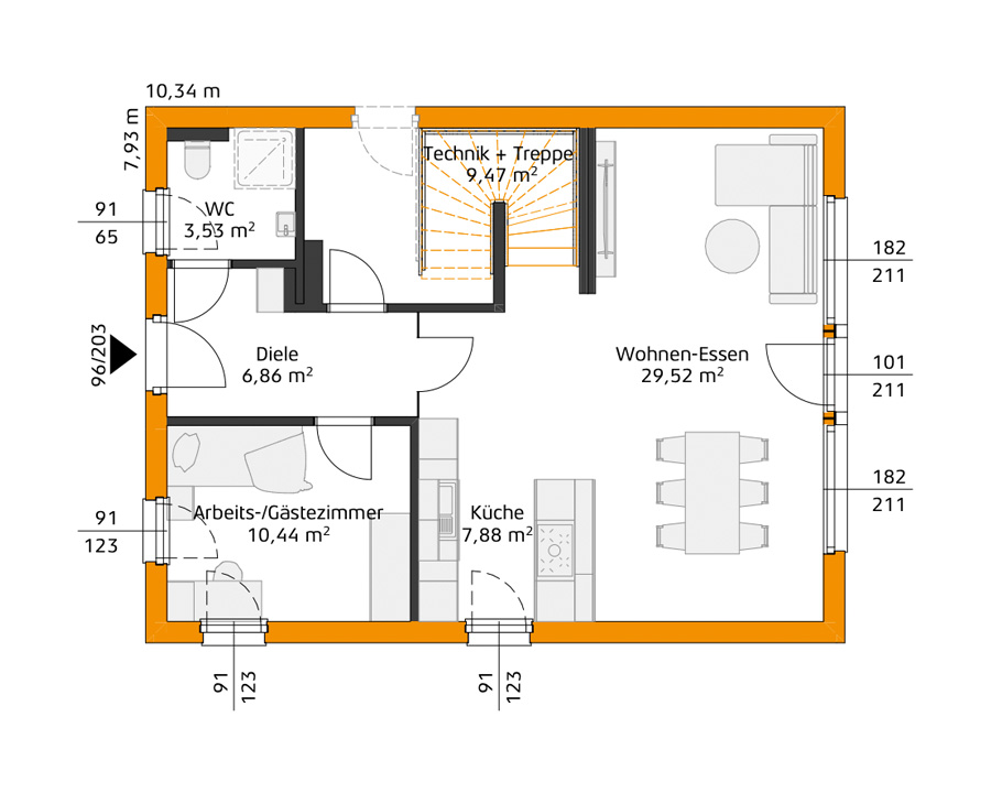 Grundriss eines Erdgeschosses mit WC, Flur, Arbeits-/Gästezimmer, Küche, Technikraum mit Treppe und einem großen Wohn-Essbereich.