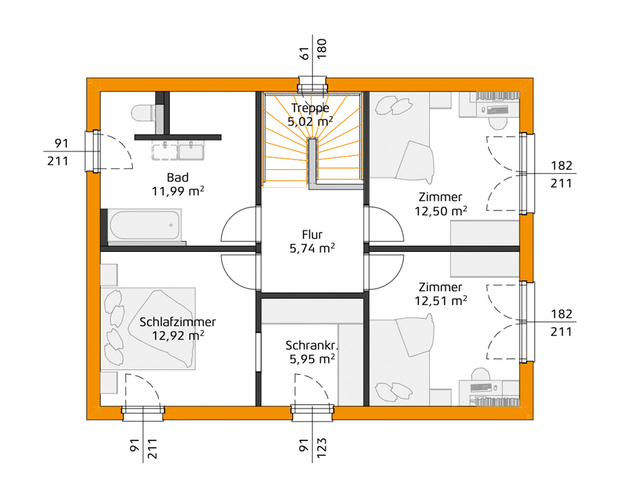 Grundriss einer Etage mit Flur (5,74 m²), Treppe (5,02 m²), Badezimmer (11,99 m²), Schlafzimmer (12,92 m²), Schrankraum (5,95 m²) und zwei Zimmern (12,50 m² und 12,51 m²).