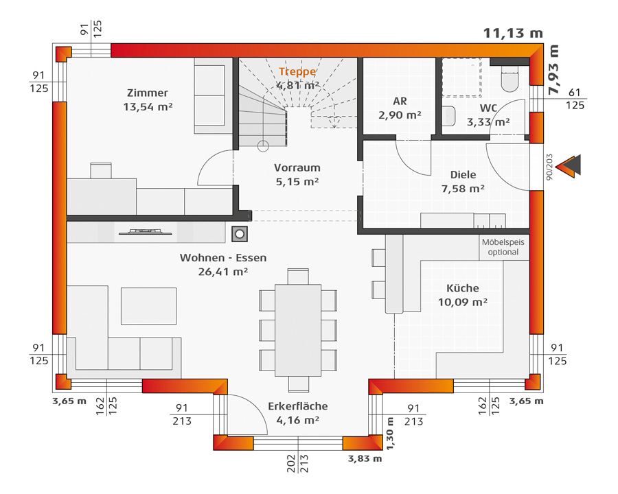 Grundriss Erdgeschoss Hartl Haus Trend 146 S auf Keller mit Erker