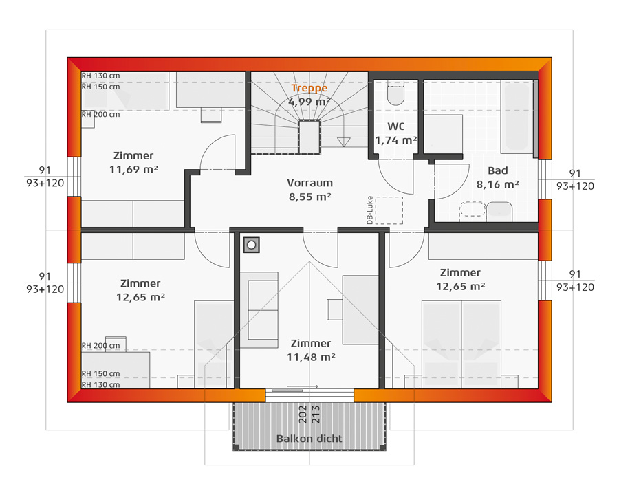 Grundriss Dachgeschoss Hartl Haus Trend 146 S mit Balkon