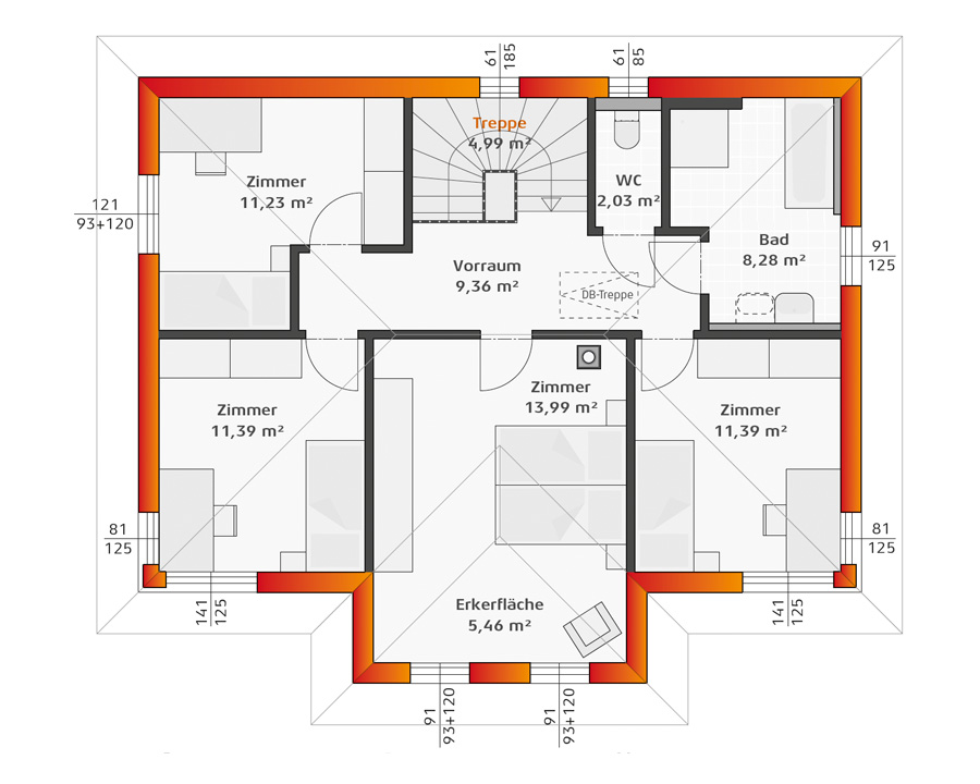 Grundriss Obergeschoss Hartl Haus Trend 146 W mit Eckfenster