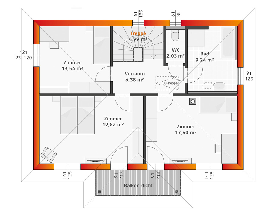 Grundriss Obergeschoss Hartl Haus Trend 146 W mit Balkon