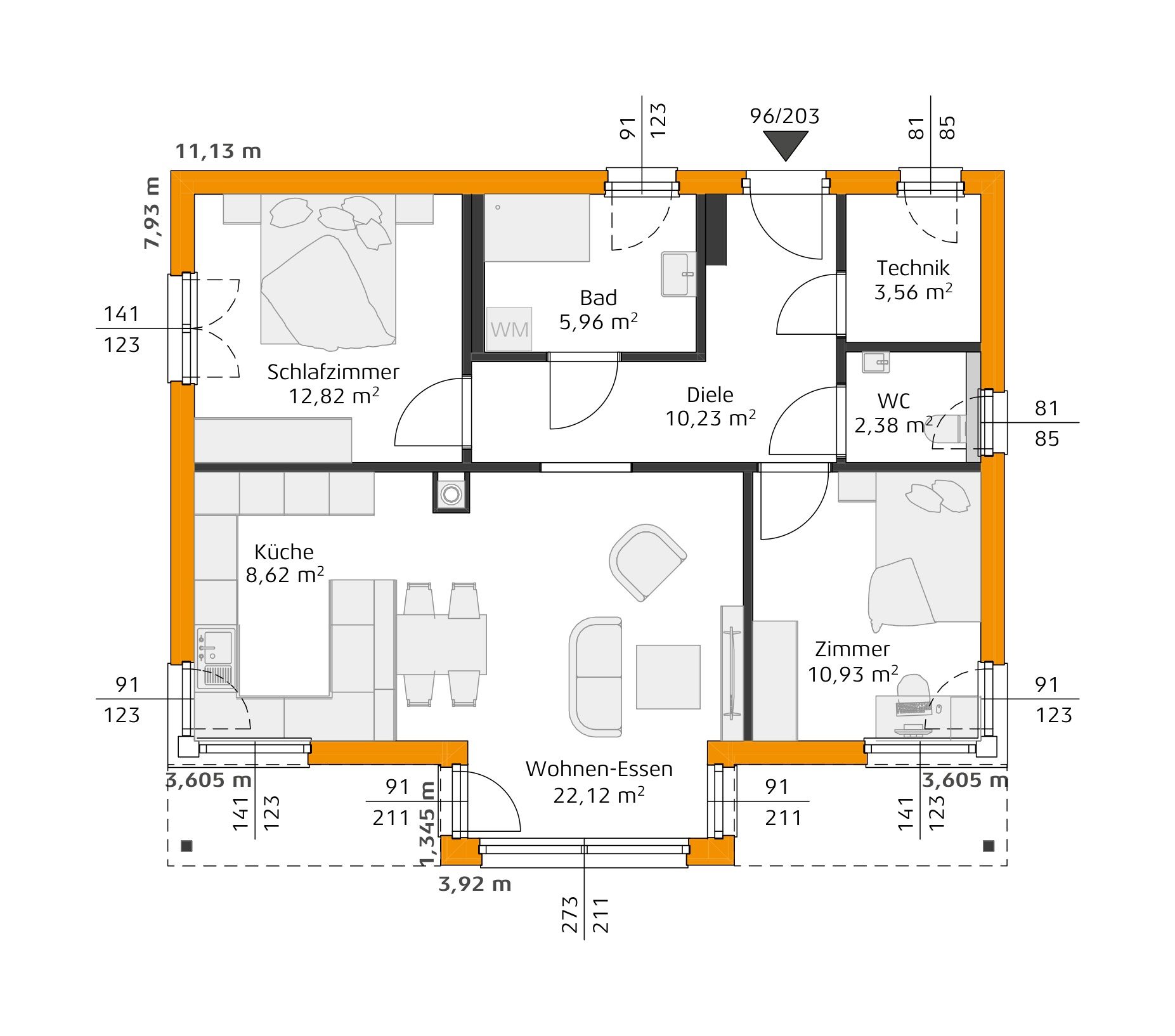 Grundriss eines Bungalows mit Schlafzimmer, zusätzlichem Zimmer, Bad, Küche, Wohn-Essbereich, Technikraum und separatem WC.