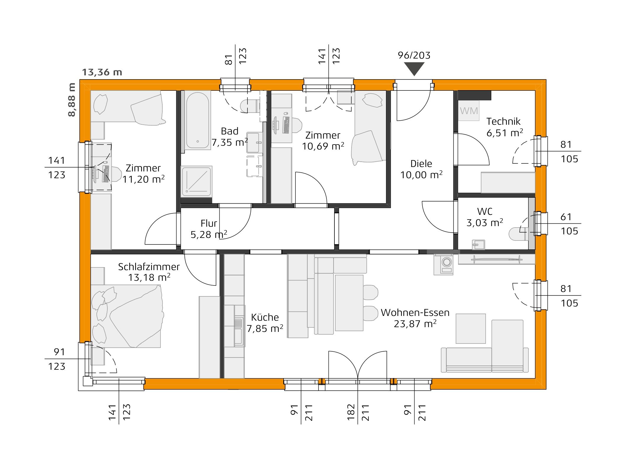 Grundriss eines Hauses mit drei Schlafzimmern, Bad, Küche, großem Wohn-Essbereich, Diele, WC und Technikraum.