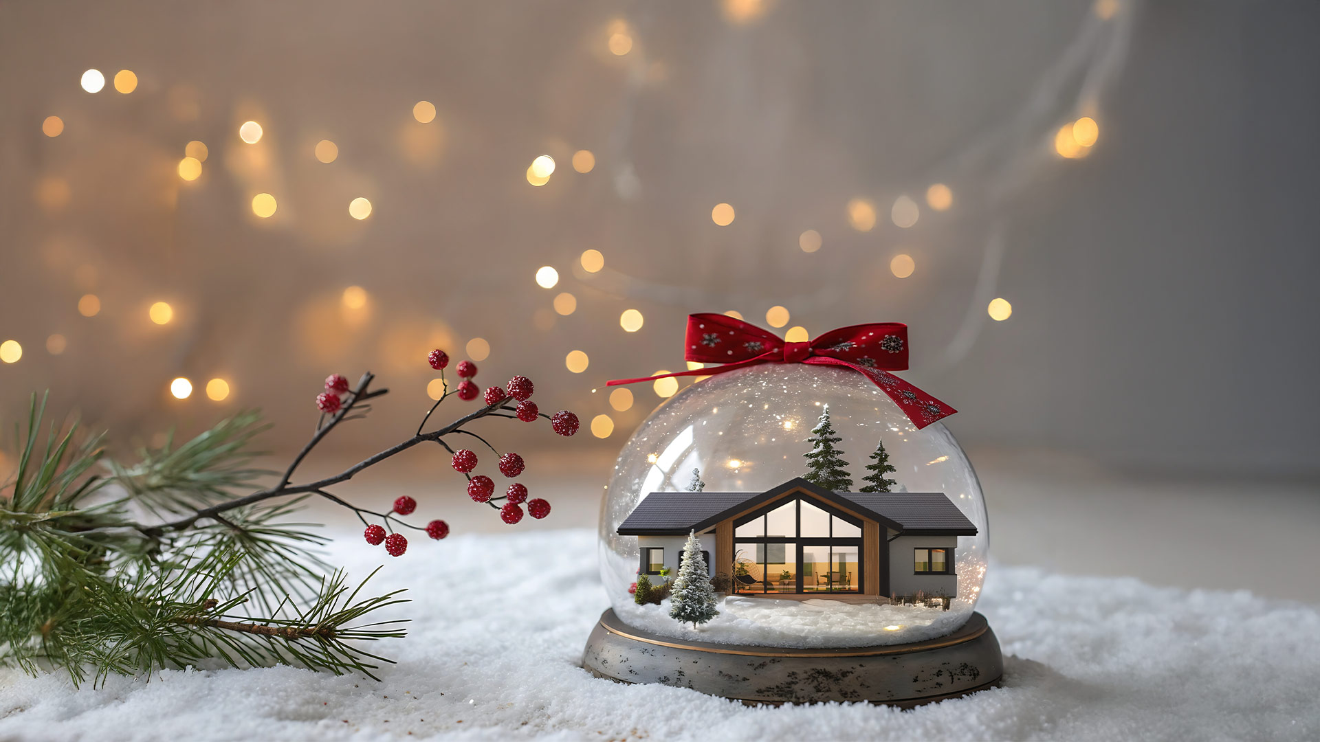 Schneekugel mit modernem Haus, umgeben von Schneebäumen und roten Beeren auf schneebedecktem Untergrund vor verschwommenen Lichtern.