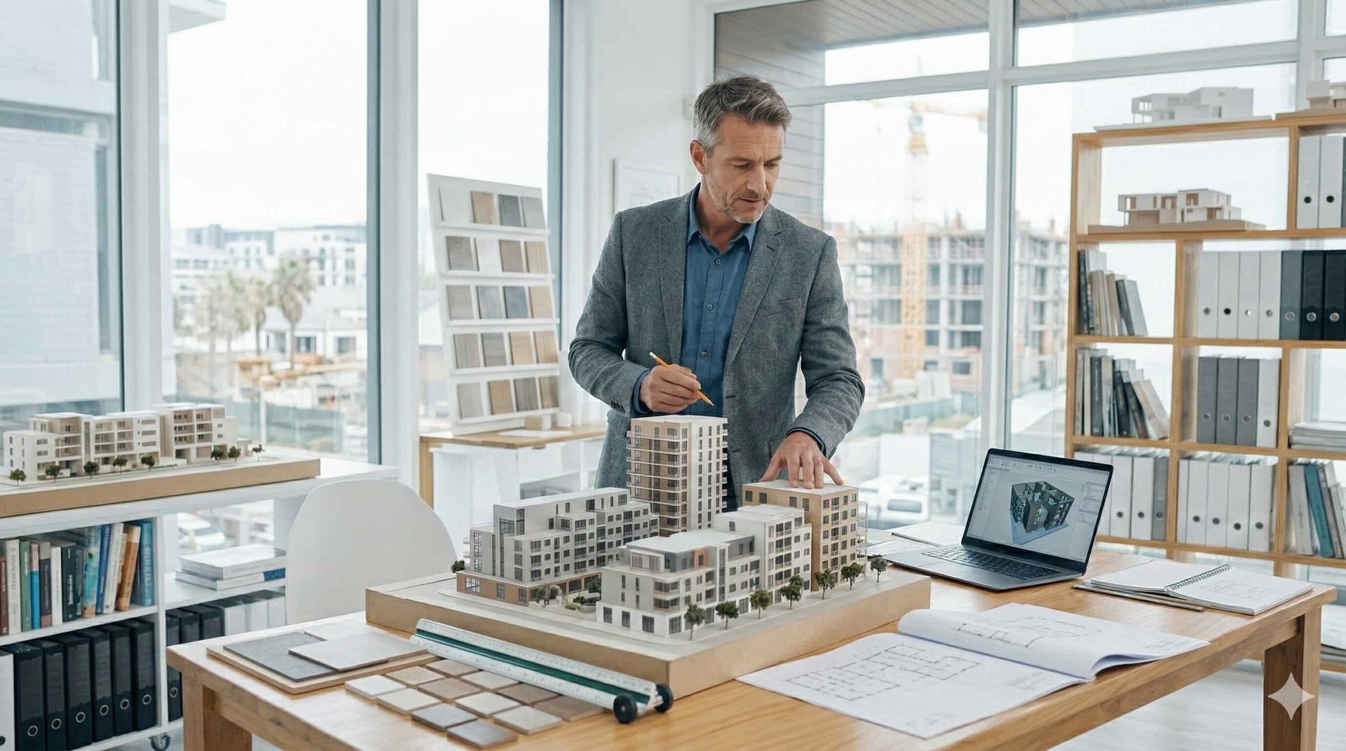 Architekt am Modell einer Wohnanlage im Büro (KI-generiert)