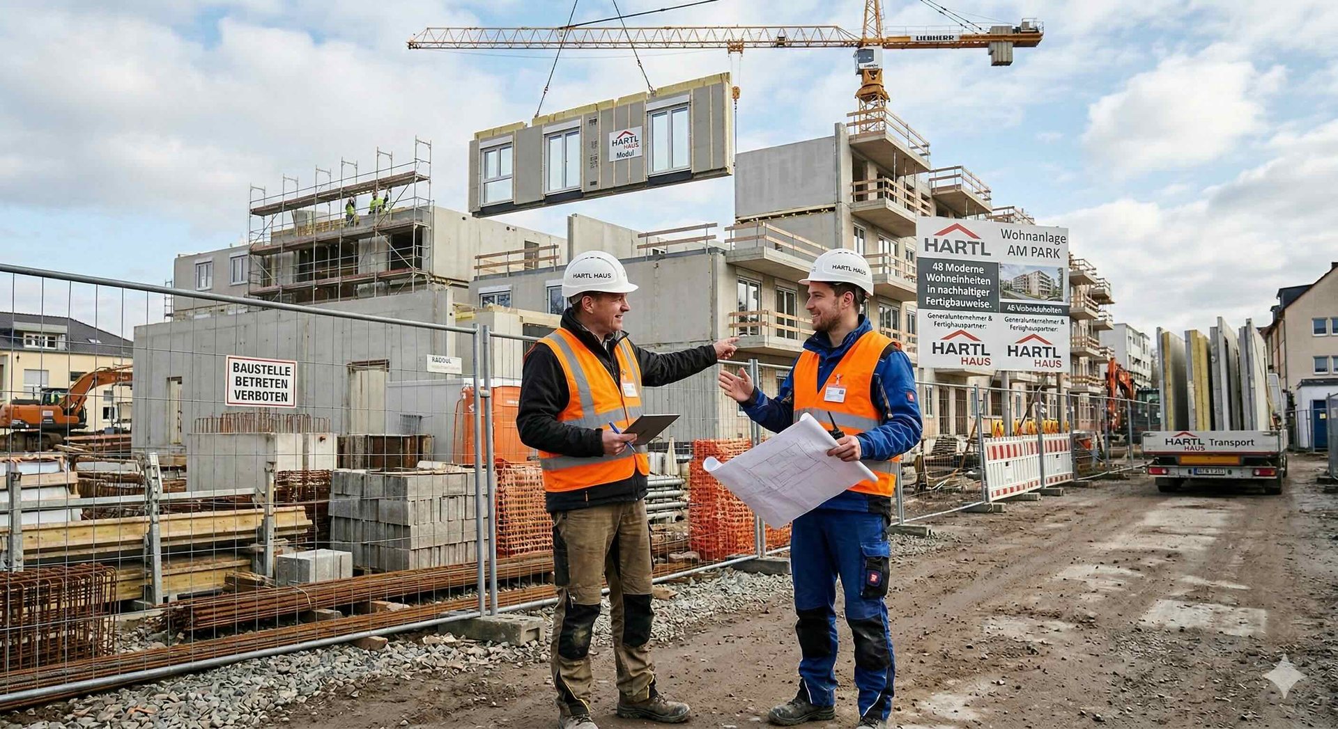 Zwei Bauleiter mit Helm und Warnweste auf einer Baustelle mit Kran (KI-generiert)