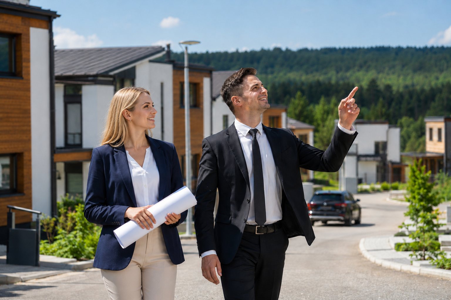 Projektleiterin und Investor gehen durch eine neu errichtete Wohnanlage (KI-generiert)