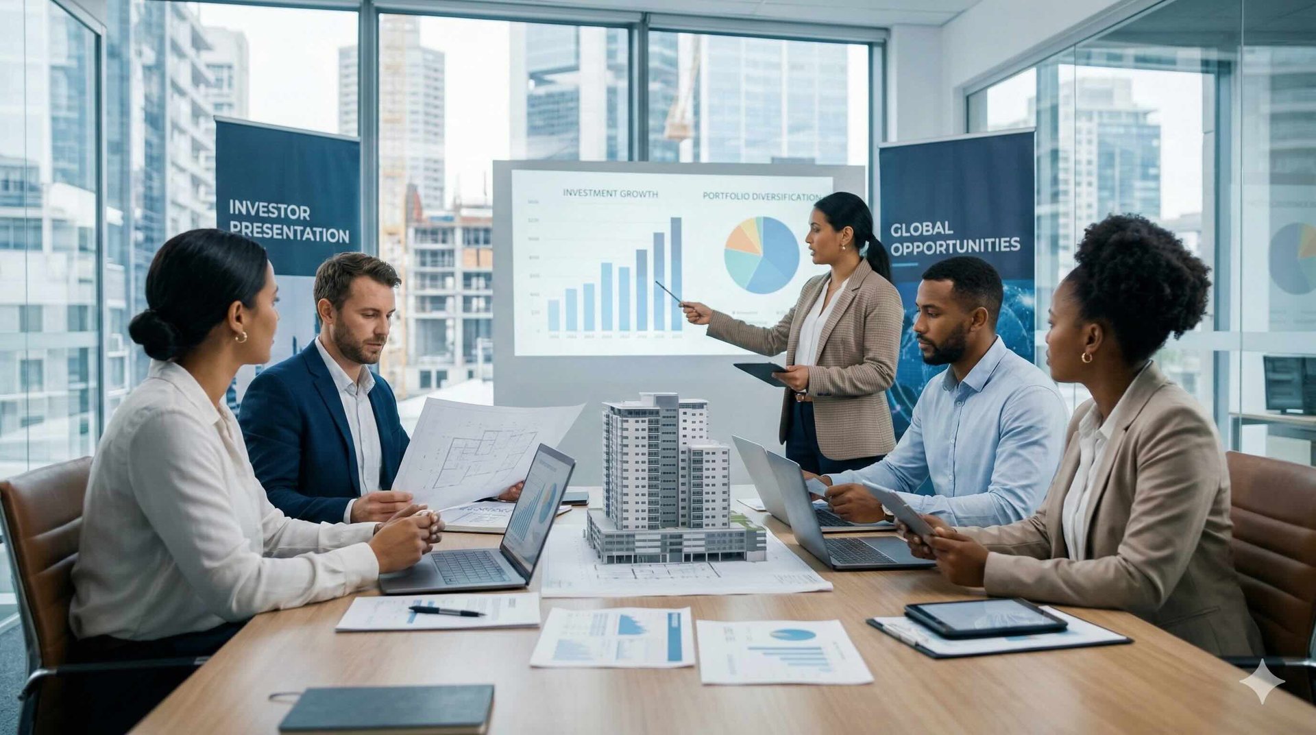 Investorenrunde im Besprechungsraum vor einer Präsentation mit Kennzahlen (KI-generiert)