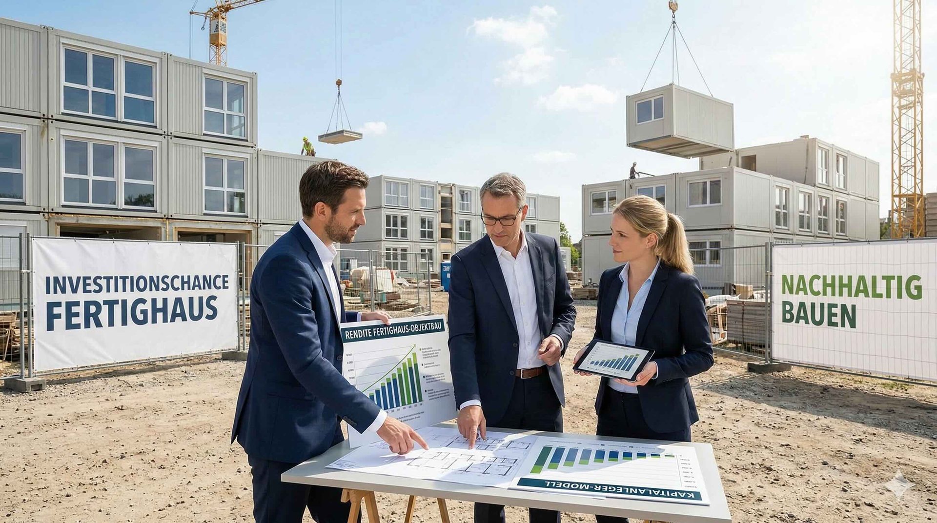 Drei Personen besprechen Pläne vor einer Baustelle mit Bautafeln (KI-generiert)