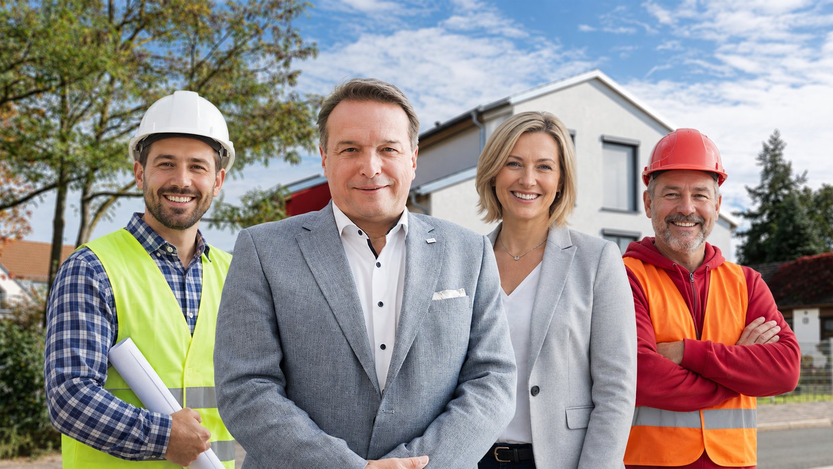 Team von HARTL HAUS mit Bauhelmen vor einem fertiggestellten Wohngebäude (KI-generiert)