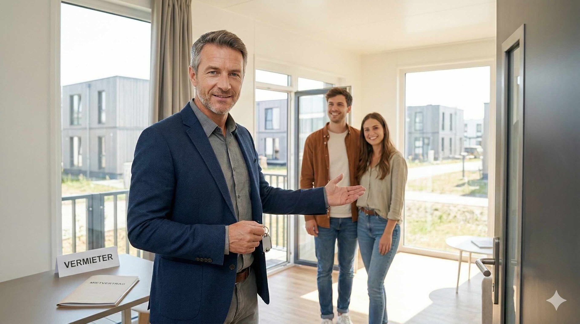 Schlüsselübergabe an ein Paar in einer hellen Neubauwohnung (KI-generiert)