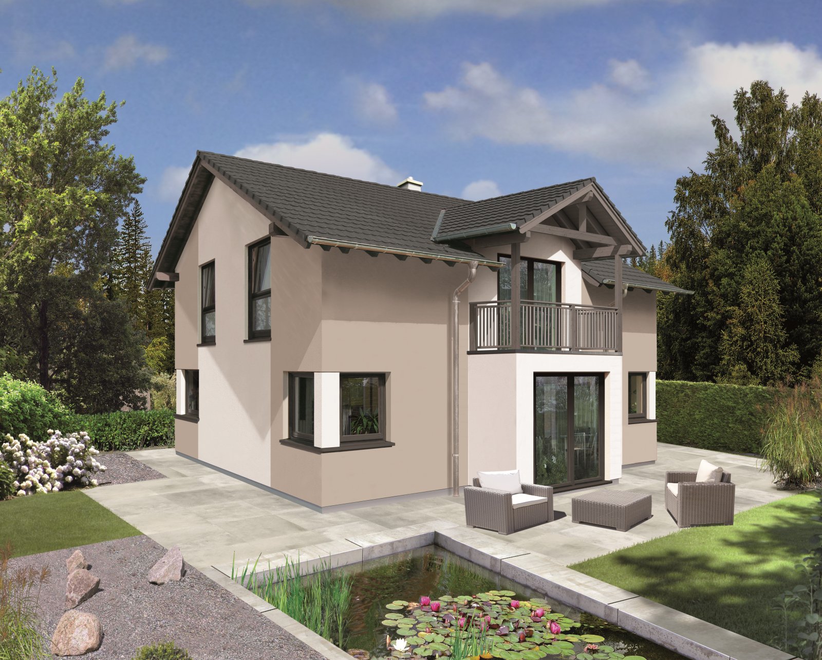 Hartl Haus Ambition 129 S: Einfamilienhaus mit Satteldach, Erker mit Balkon, Terrasse und Garten