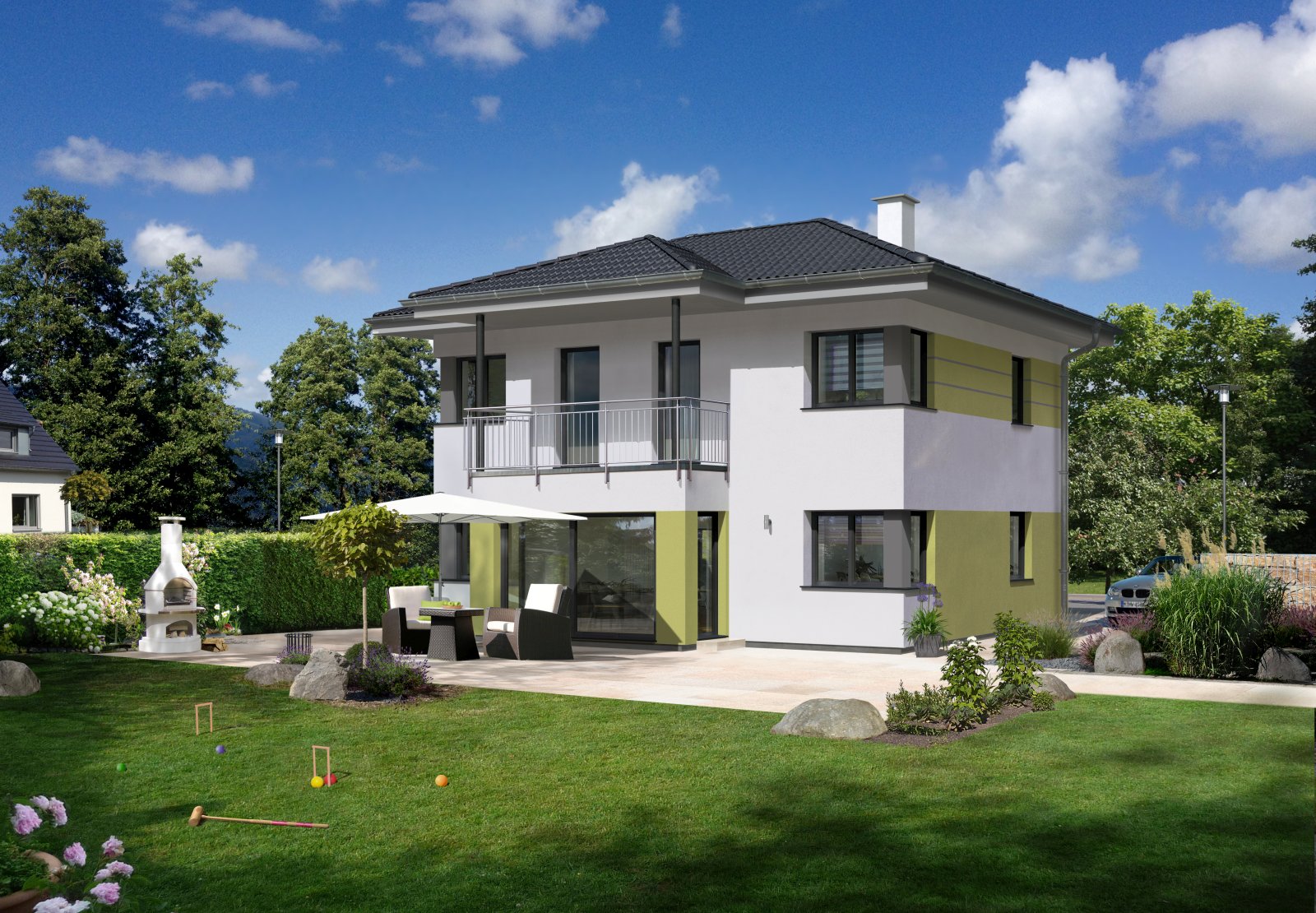 Hartl Haus Ambition 129 W: Einfamilienhaus mit Walmdach, Eckfenstern, Terrasse und Garten
