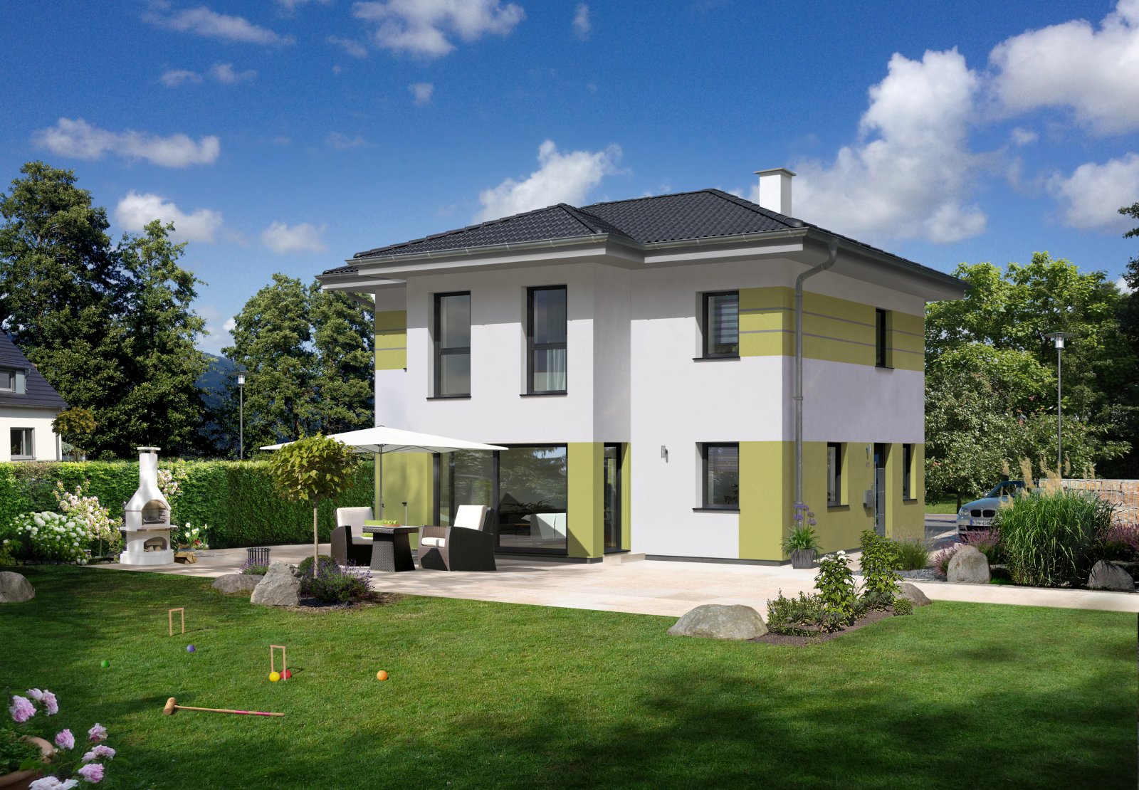 Hartl Haus Ambition 129 W: Einfamilienhaus mit Walmdach, Terrasse und Garten